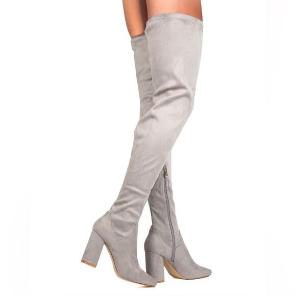 Cape Robbin Women's Suede Thigh High Boots Over the Knee Faux Block Heel Grey - Picture 4 of 12